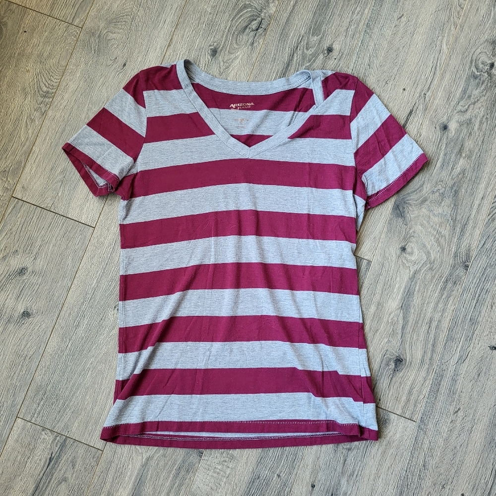 Arizona Jean Company V-Neck Striped T-shirt Maroon & Gray {Large}